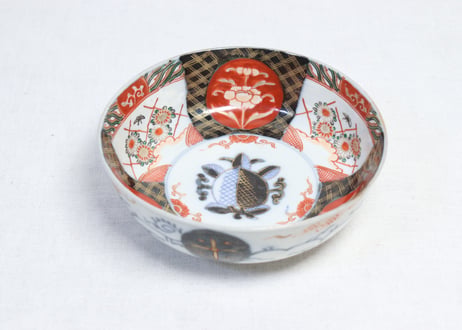 明治前期色絵桃と三方に菊図6寸鉢 五客組 1ヶニュウ