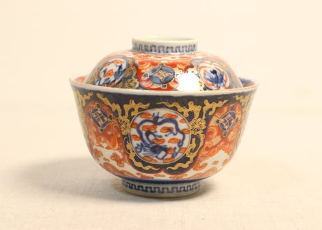 明治前期色絵四方に龍と鳳凰図通り物飯茶碗
