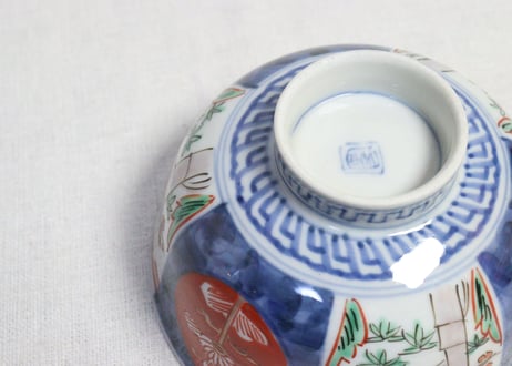 明治前期色絵桃と竹梅図通り物飯茶碗　蓋フリモノ