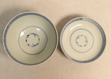 江戸幕末染付線描き三方に花図蓋茶碗 5客組