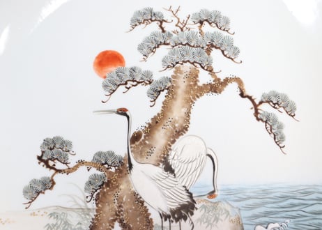 明治前期九谷焼色絵松鶴図通り物8寸皿②甘手