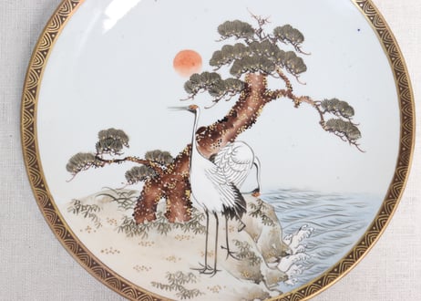 明治前期九谷焼色絵松鶴図通り物7寸皿②少甘手