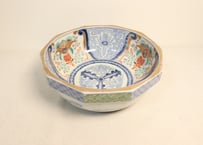明治前期色絵三方に鳳凰図十角縁９寸鉢　擦れ有り