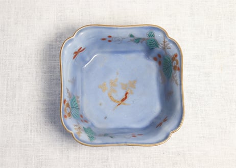 江戸中期瑠璃釉色絵人参と草花図角なます皿５客組 １客あたり傷