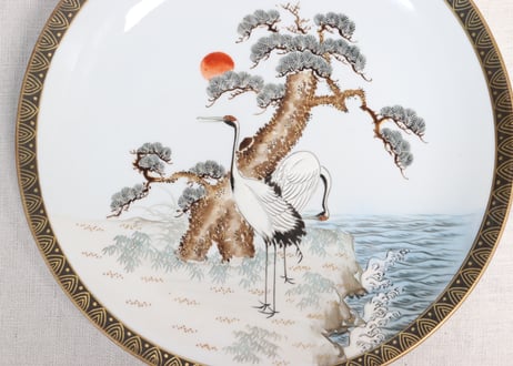 明治前期九谷焼色絵松鶴図通り物8寸皿①