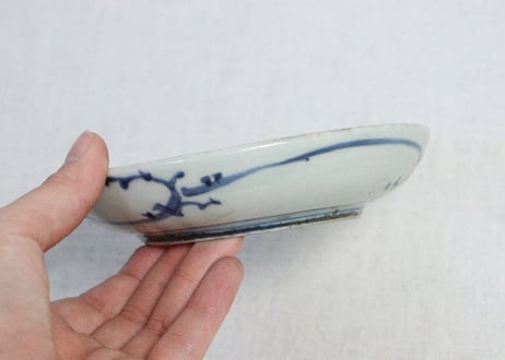 江戸中期染付扇面と牡丹図くらわんか小なます皿　小ニュウ