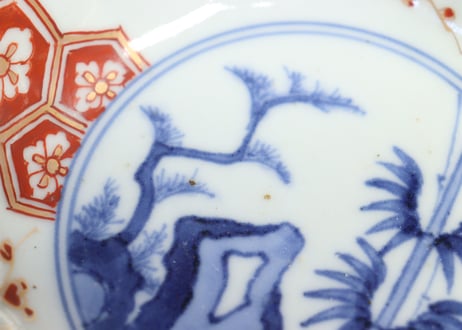 江戸中期色絵竹梅に亀甲菱花図なます皿①5客組　窯傷
