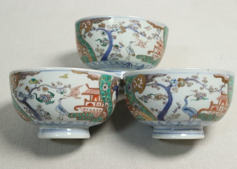 明治前期色絵鶴と松竹梅図通り物蒸茶碗