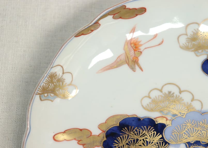 大皿 高砂絵 九谷焼 金彩高砂絵 飾り大皿 九谷玉峰作 木製皿立