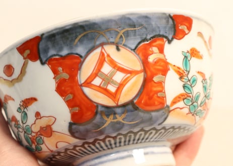 明治前期色絵萩と七宝文図飯茶碗①窯傷