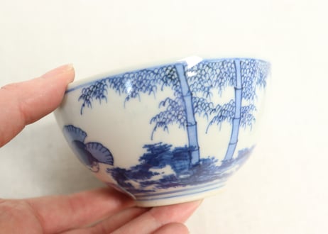 江戸幕末染付竹林雀図蓋茶碗　5客組