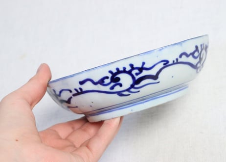 明治前期紙刷三方に草花図なます皿