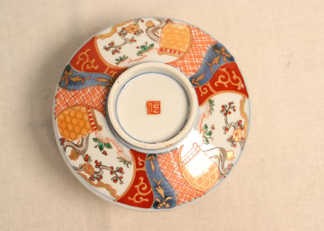 明治前期色絵梅と鶯に鳥籠図通り物蒸茶碗②　少甘手