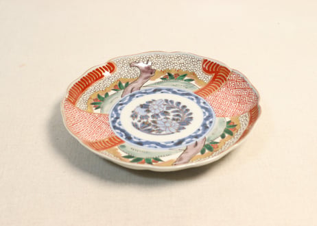 明治前期色絵桜に万年青図通り物7寸皿①