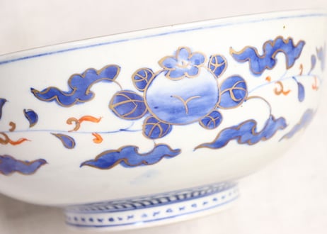 明治前期色絵牡丹と孔雀図8寸鉢