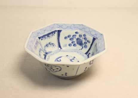 江戸幕末染付竹梅図八角鉢　ノミホツ