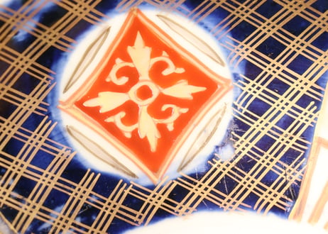 明治前期色絵扇面に竹と牡丹図8寸皿