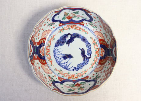 明治前期色絵波千鳥と獅子図春寒鉢 5客組 ややかたつき,ノミホツ