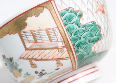 明治前期色絵網手に鶴と梅に鶯図通り物飯茶碗