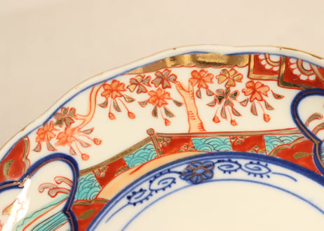 明治後期～大正色絵桜と波千鳥図通り物7寸皿②フリモノ