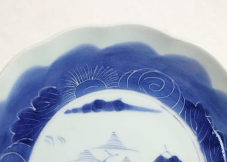 江戸幕末染付山水と花図7寸皿