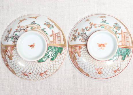 明治前期色絵網手に鶴と梅に鶯図通り物飯茶碗