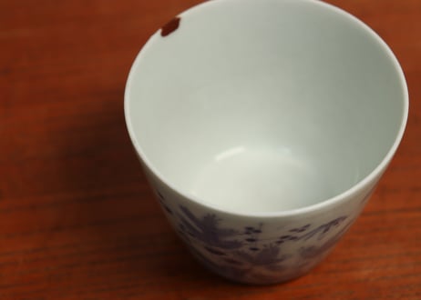 江戸中期紙刷古印判松竹梅図猪口　直し,高台小ホツ