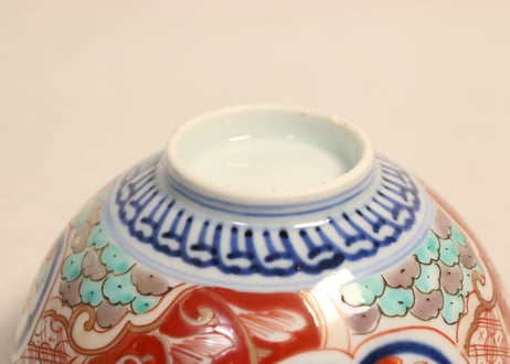 明治前期色絵獅子牡丹と幾何学文図飯茶碗①