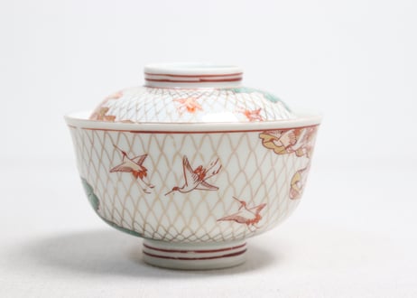 明治前期色絵網手に鶴と梅に鶯図通り物飯茶碗