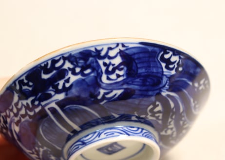 明治前期ベロ藍鳳凰図通り物飯茶碗