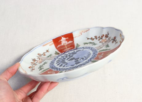 明治前期色絵三方に竹梅図通り物７寸皿