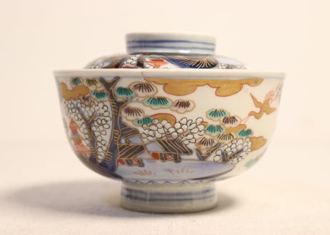 明治前期色絵山水図通り物飯茶碗①