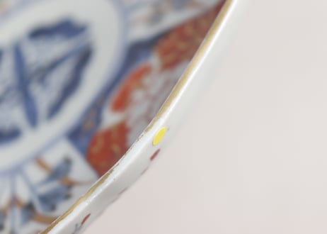 明治前期染付色絵八方に牡丹図７寸皿②ノミホツ,かたつき