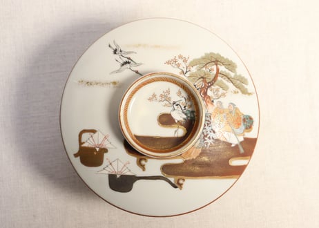 明治前期九谷焼色絵高砂図蒸茶碗