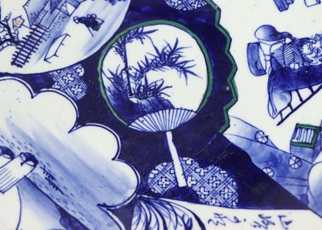 明治前期染付寿老人他窓絵図大皿