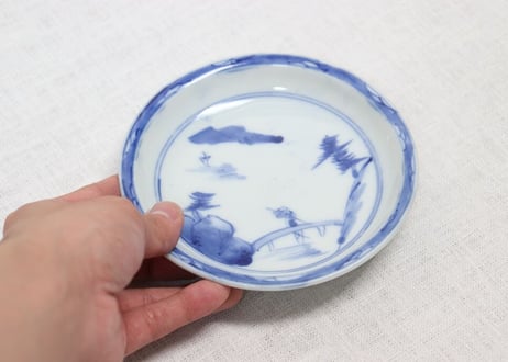 明治前期染付山水人物図つば縁5寸皿