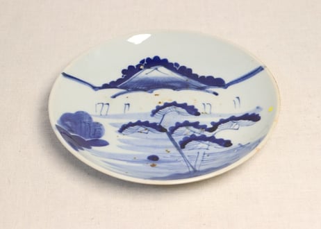 江戸幕末染付山水図7寸皿 少甘手,シミ,フリモノ