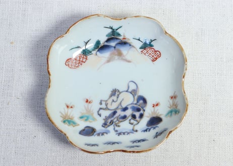 江戸中期色絵馬図四弁通り物小皿 　5客組