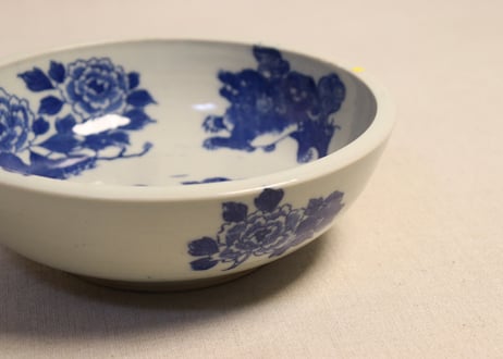明治後期~大正銅判獅子牡丹図6寸鉢 ノミホツ,ムシクイ