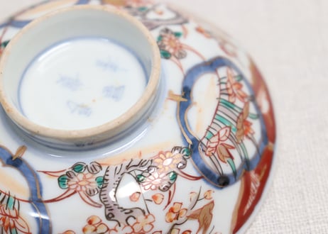 明治前期色絵梅に鶯と菖蒲図通り物飯茶碗