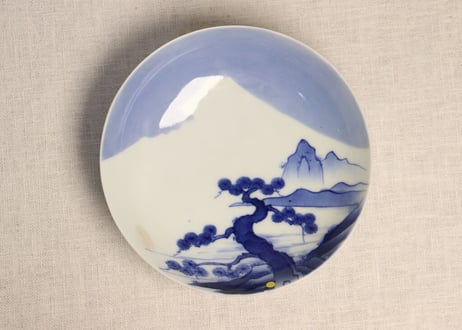 明治前期鍋島焼染付富士図5寸皿 ノミホツ,窯傷