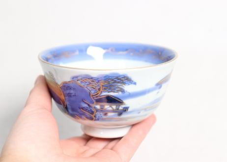 江戸幕末金彩染付山水図飯茶碗