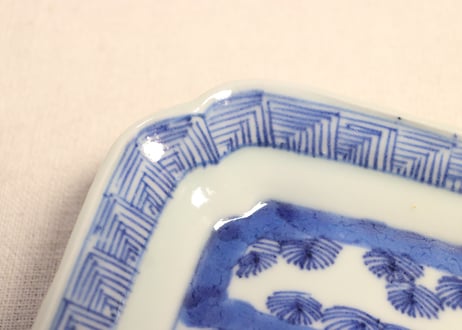 明治前期染付樹下人物図長角皿 かたつき,少甘手