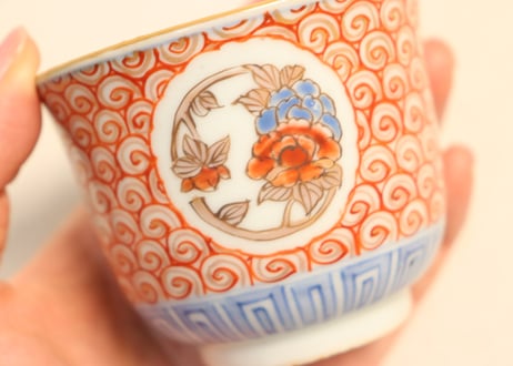江戸幕末色絵牡丹と渦巻図向付5客組