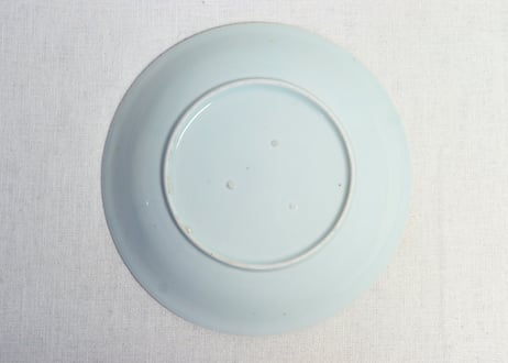 江戸後期染付波に菊図７寸皿　共箱付5客組　かたつき有り