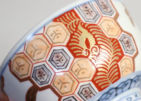 明治前期色絵芭蕉と亀甲図飯茶碗 釉剥げ