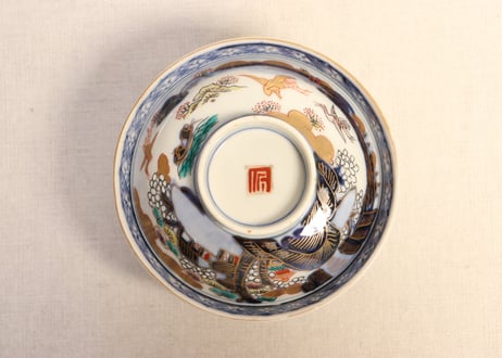 明治前期色絵山水図通り物飯茶碗①