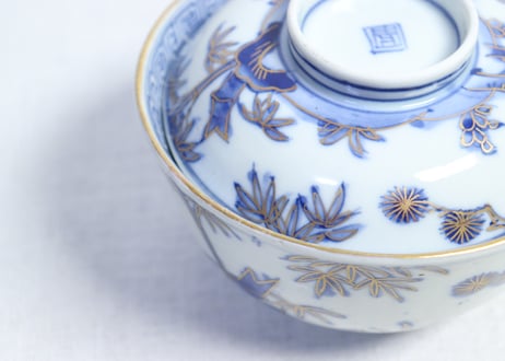 明治前期金彩染付松竹梅図通り物飯茶碗