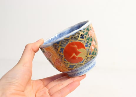 明治前期色絵桃に松鶴図通り物向付