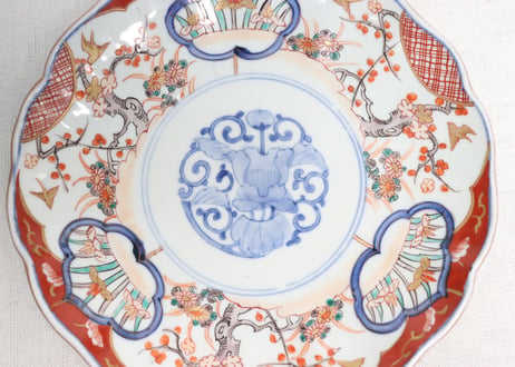 明治前期色絵梅に鶯と菖蒲図通り物7寸皿①